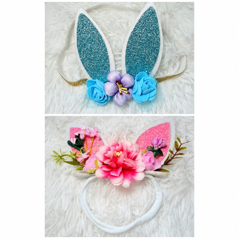 2 Floral Bunny Cat Ear Headbands Halloween Costume Dress Up Fairycore
